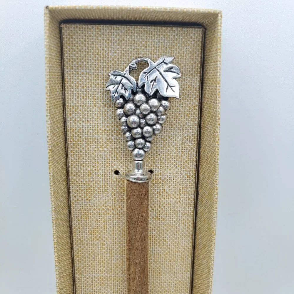 Bamboo Salad Server With Silver Metal Grape Accents